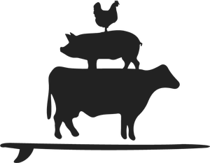 Silhouette of a cow, pig, chicken, and horse stacked on each other.